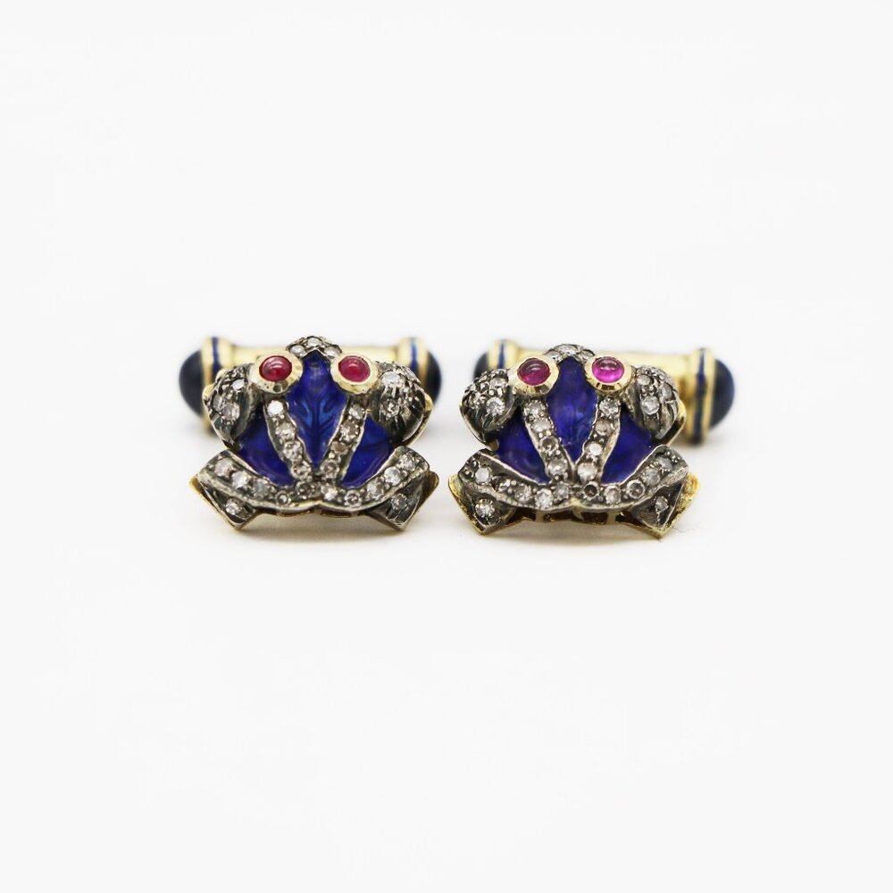 Antique 19th Century Frog Gold, Silver, Enamel, Diamond & Sapphire Cufflinks